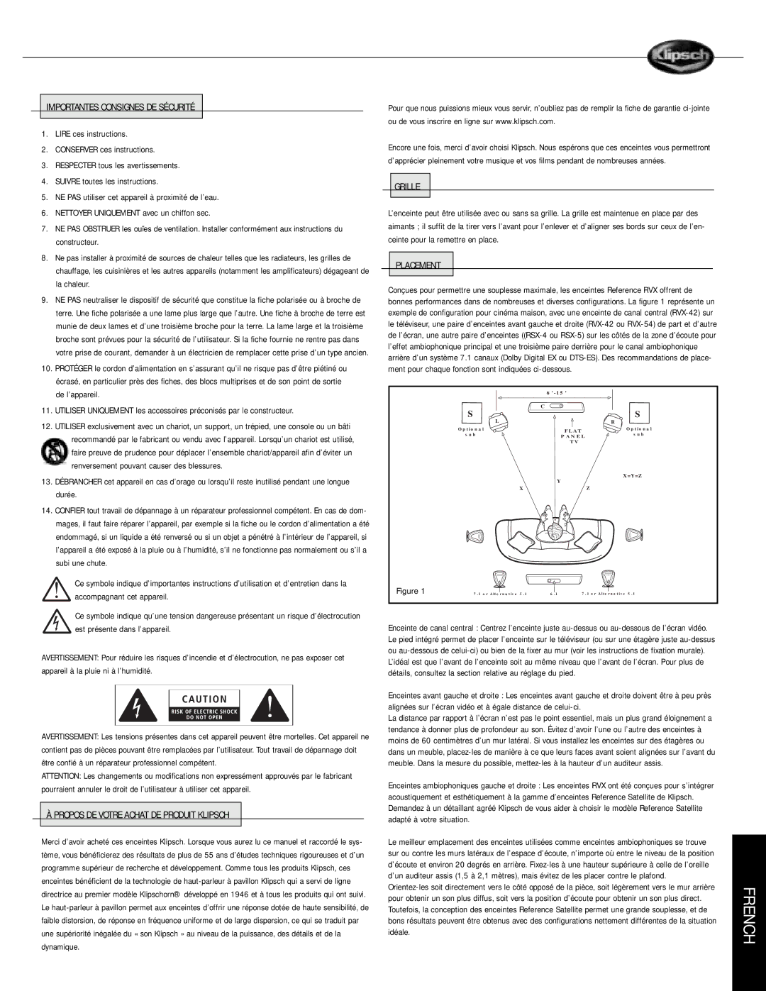 Musica RVX owner manual Importantes Consignes DE Sécurité, Propos DE Votre Achat DE Produit Klipsch 