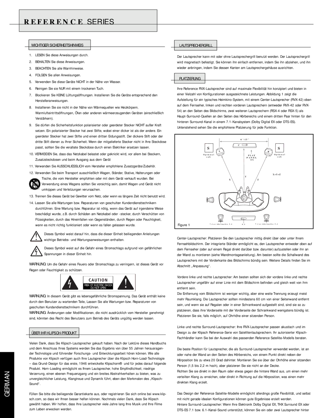 Musica RVX owner manual Wichtiger Sicherheitshinweis, Über IHR KLIPSCH-PRODUKT, Lautsprechergrill, Platzierung 