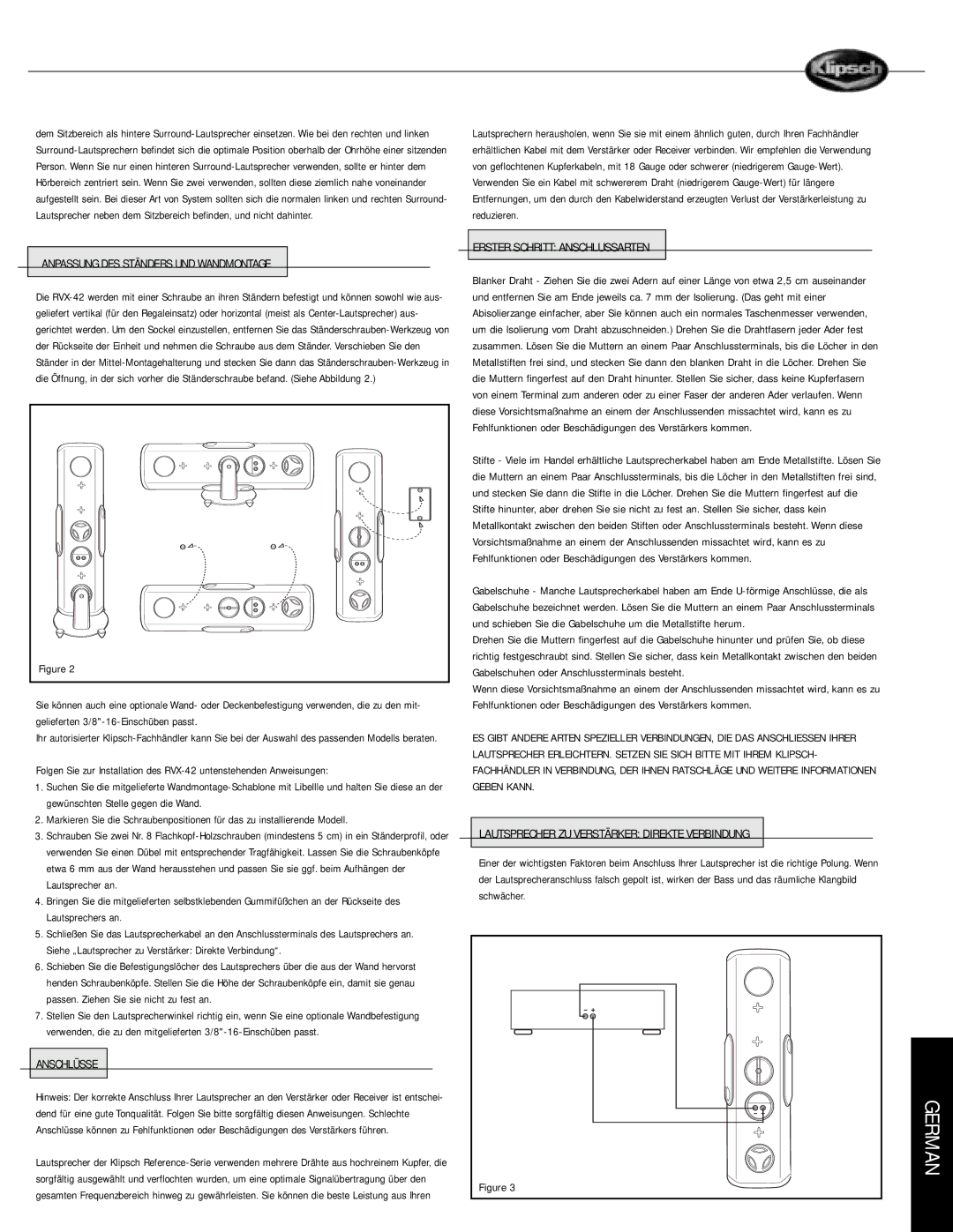 Musica RVX owner manual Anpassung DES Ständers UND Wandmontage, Anschlüsse, Erster Schritt Anschlussarten 