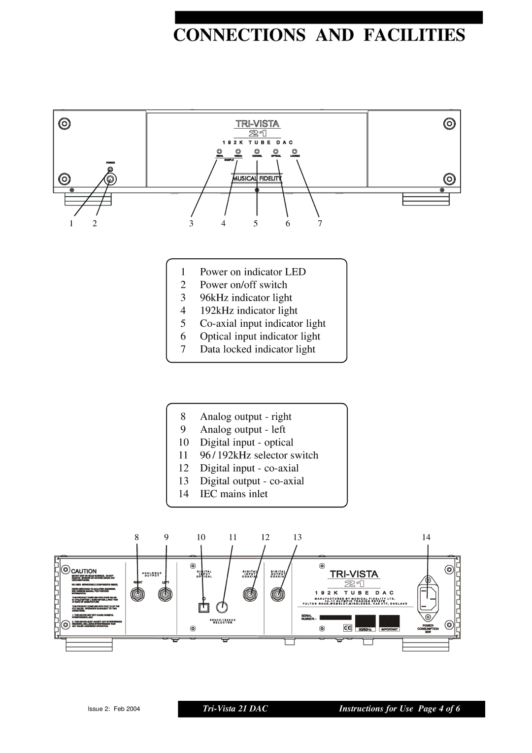 Musical Fidelity 21 manual Connections and Facilities 