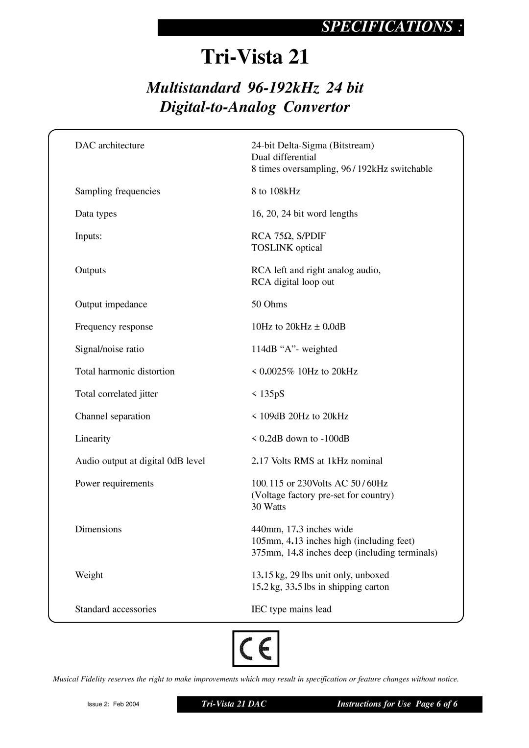 Musical Fidelity 21 manual Multistandard 96-192kHz 24 bit Digital-to-Analog Convertor, Tri-Vista, Specifications 