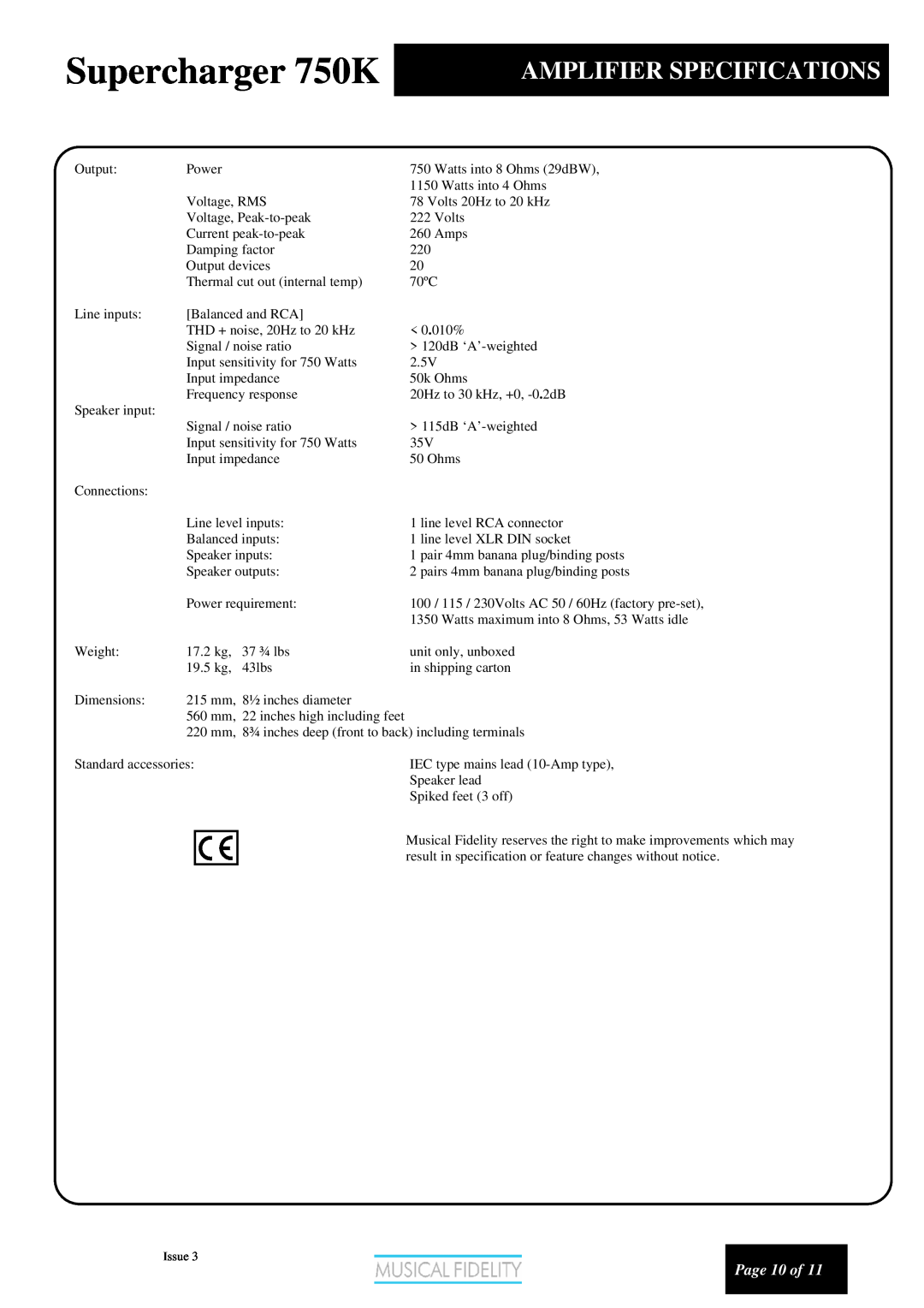 Musical Fidelity manual Amplifier Specifications, Supercharger 750K, Page 10 of 