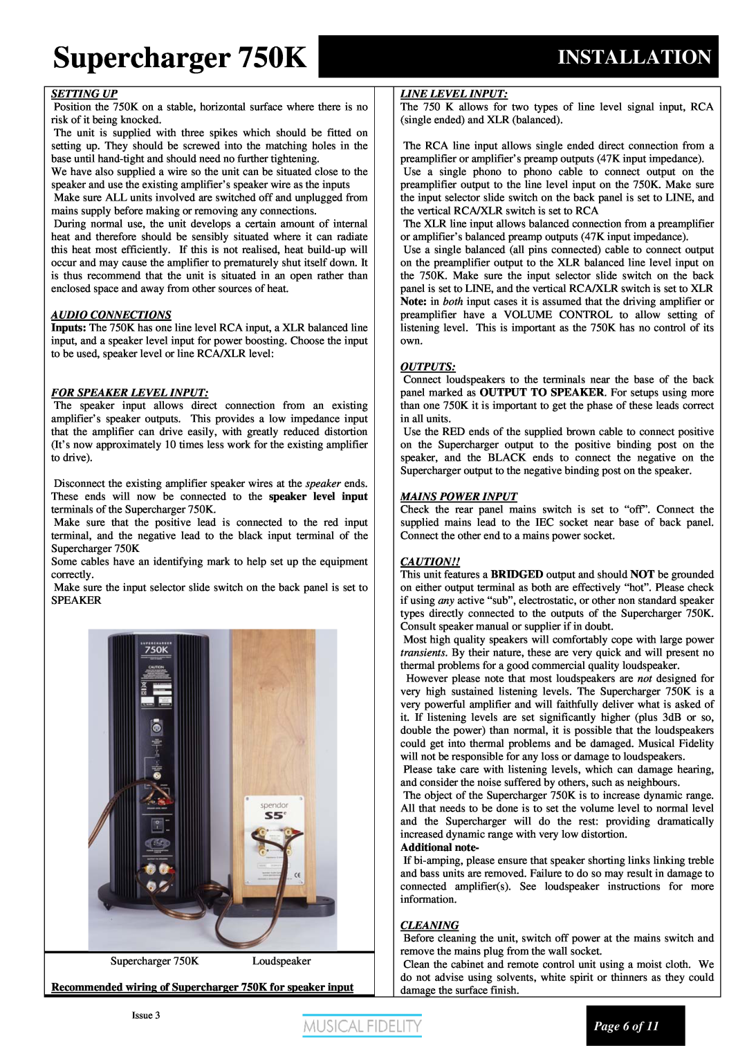 Musical Fidelity Installation, Supercharger 750K, Page 6 of, Setting Up, Audio Connections, For Speaker Level Input 