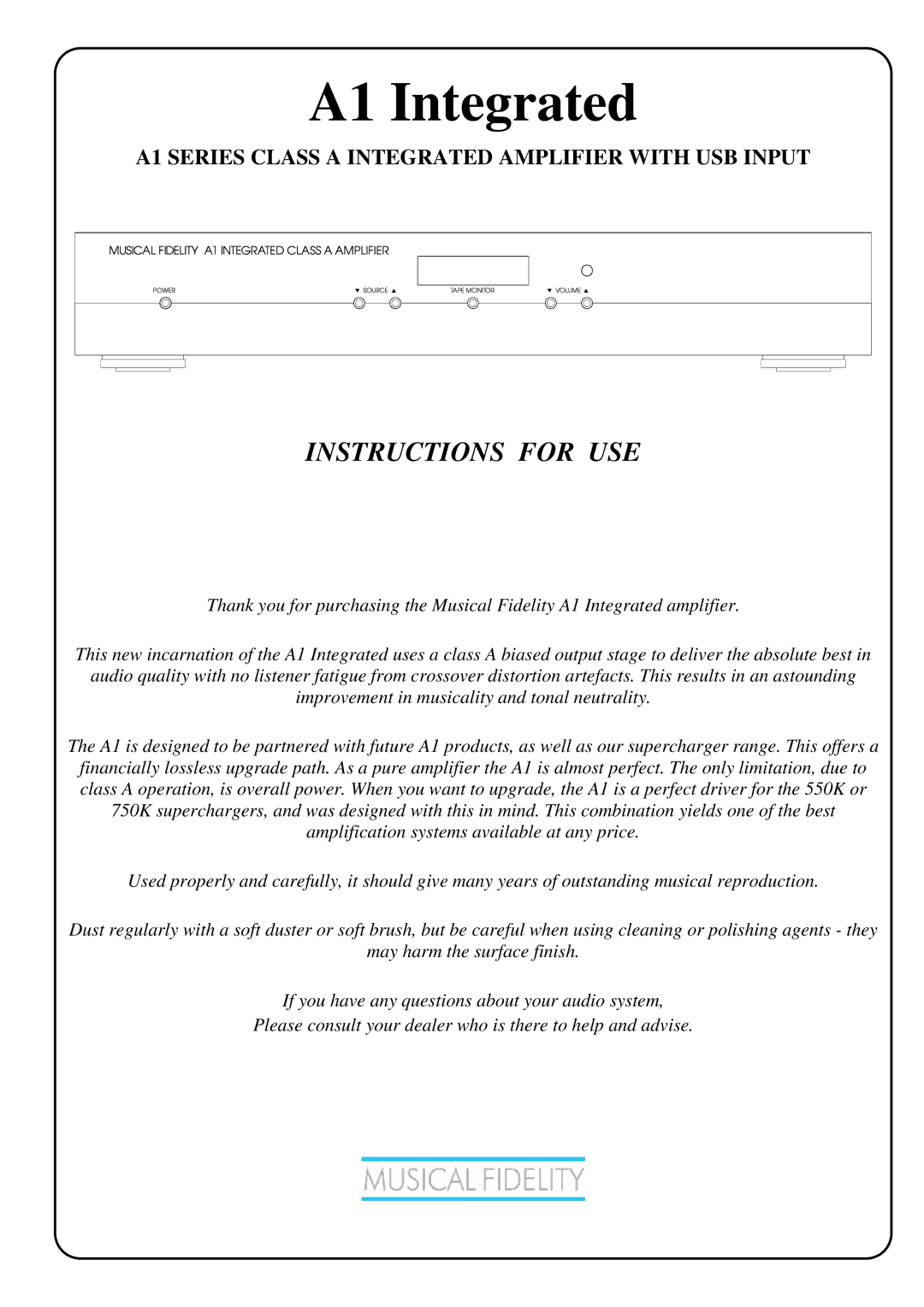 Musical Fidelity Class A Integrated Amplifier manual A1 Integrated 