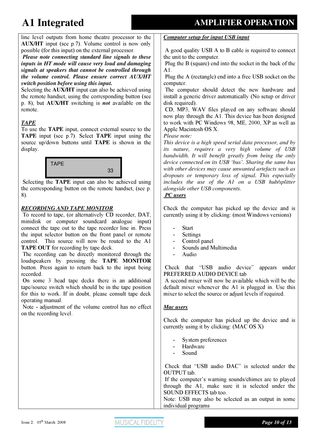 Musical Fidelity A1, Class A Integrated Amplifier manual Tape 