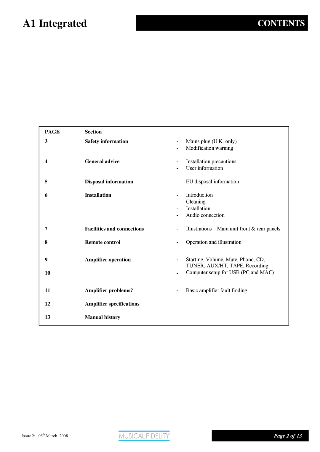 Musical Fidelity Class A Integrated Amplifier manual A1 Integrated, Contents 