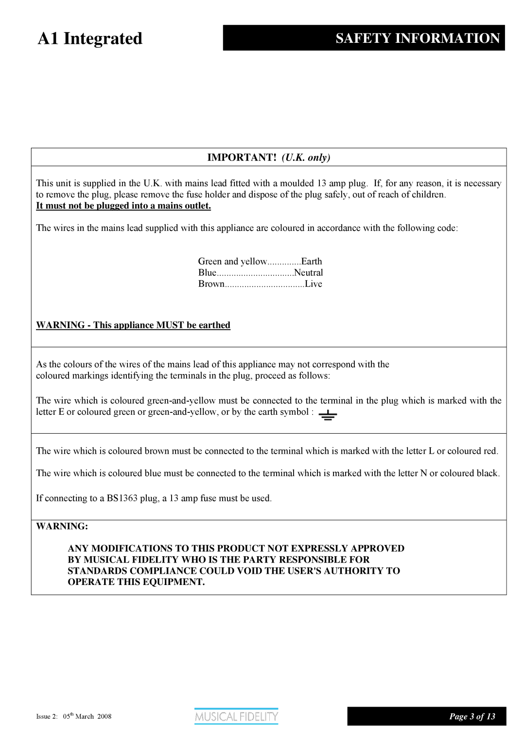 Musical Fidelity Class A Integrated Amplifier, A1 manual Safety Information, IMPORTANT! U.K. only 