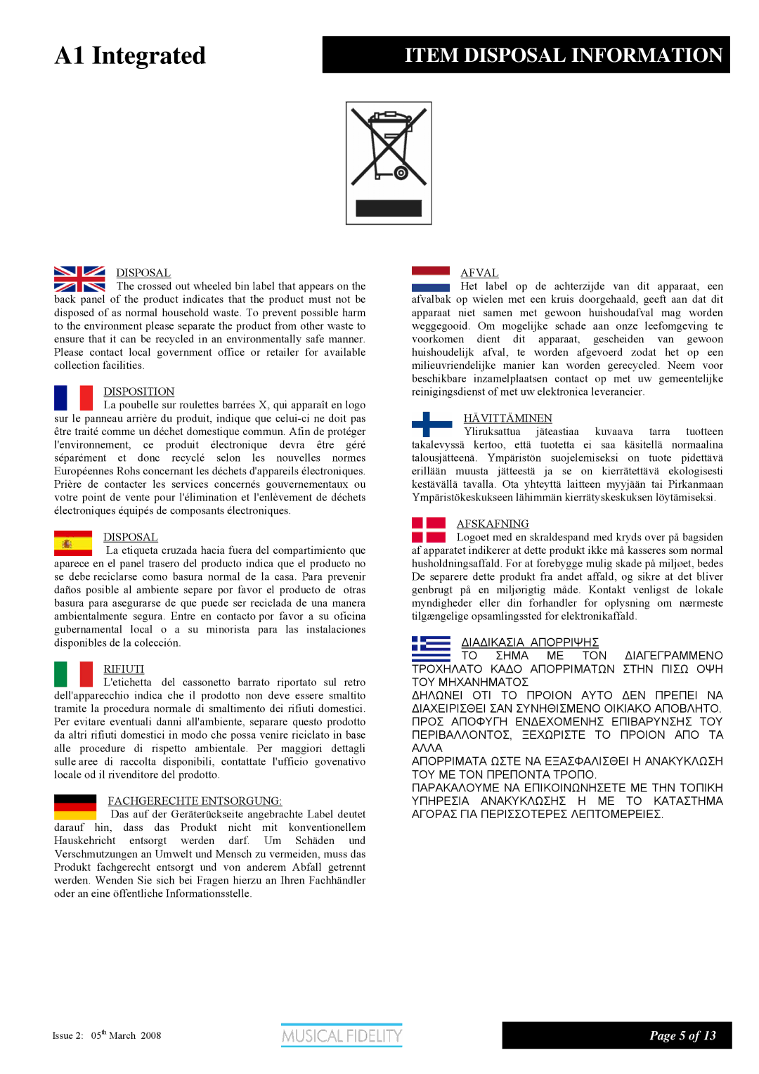 Musical Fidelity Class A Integrated Amplifier, A1 manual Item Disposal Information 