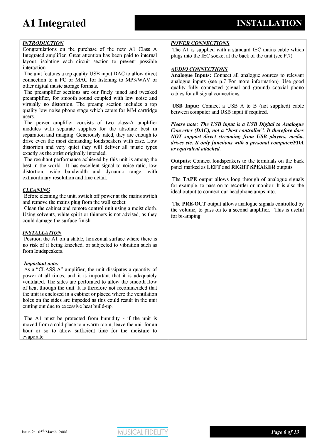 Musical Fidelity A1, Class A Integrated Amplifier manual Installation, Introduction 