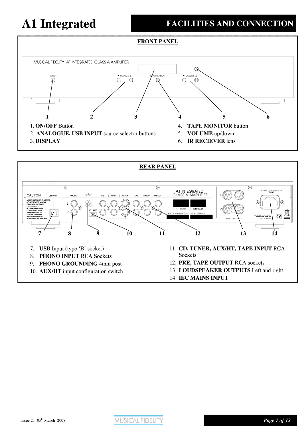 Musical Fidelity Class A Integrated Amplifier manual A1 Integrated, Facilities and Connection 