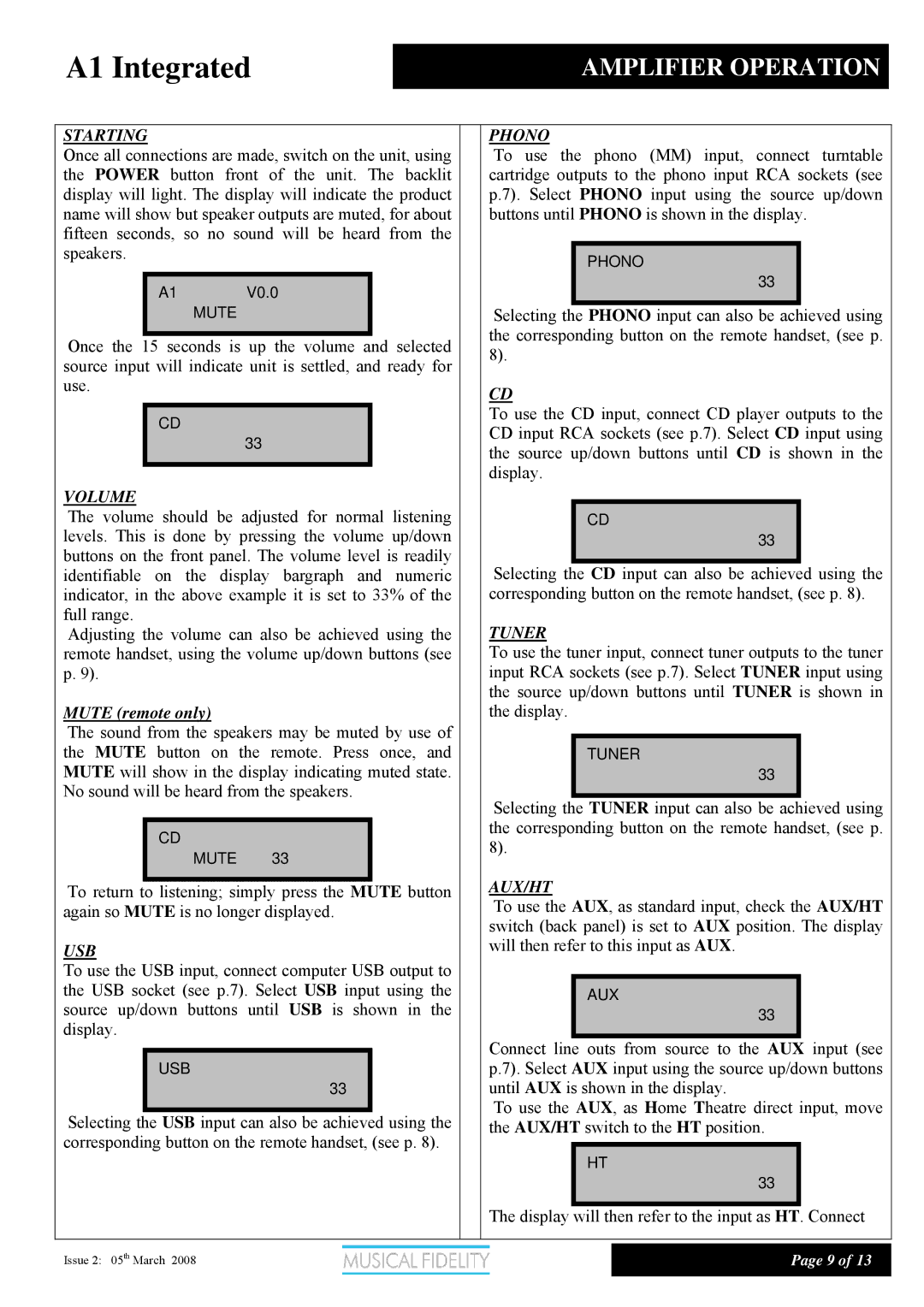 Musical Fidelity Class A Integrated Amplifier, A1 manual Amplifier Operation, Starting 