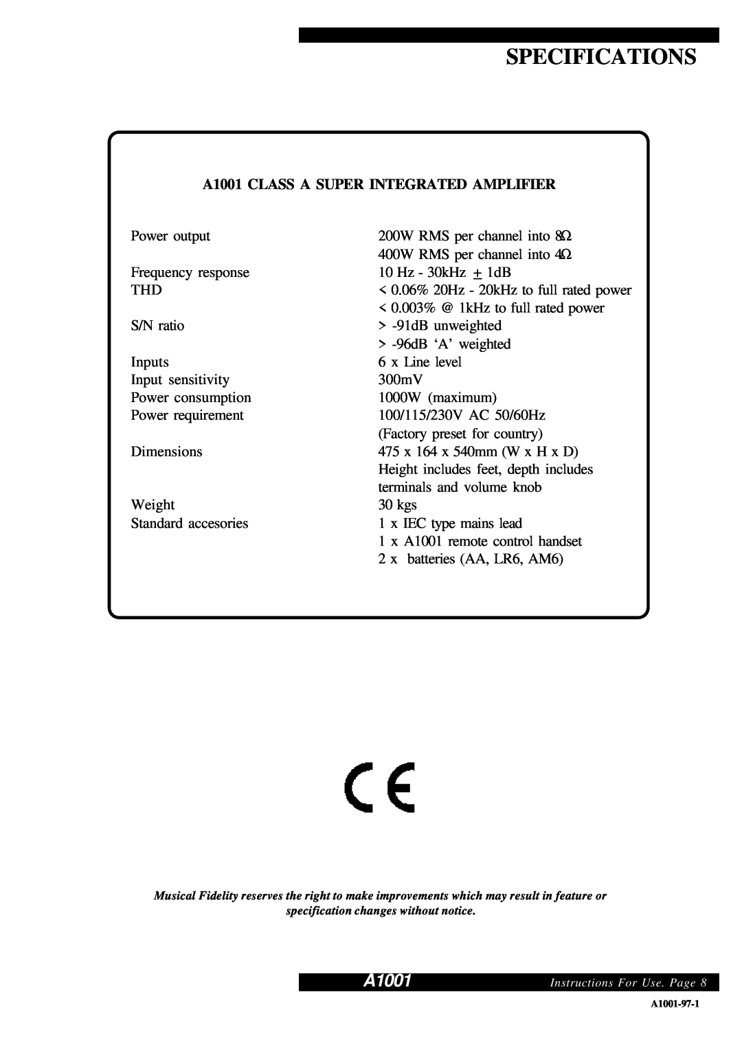 Musical Fidelity manual Specifications, A1001 CLASS A SUPER INTEGRATED AMPLIFIER 