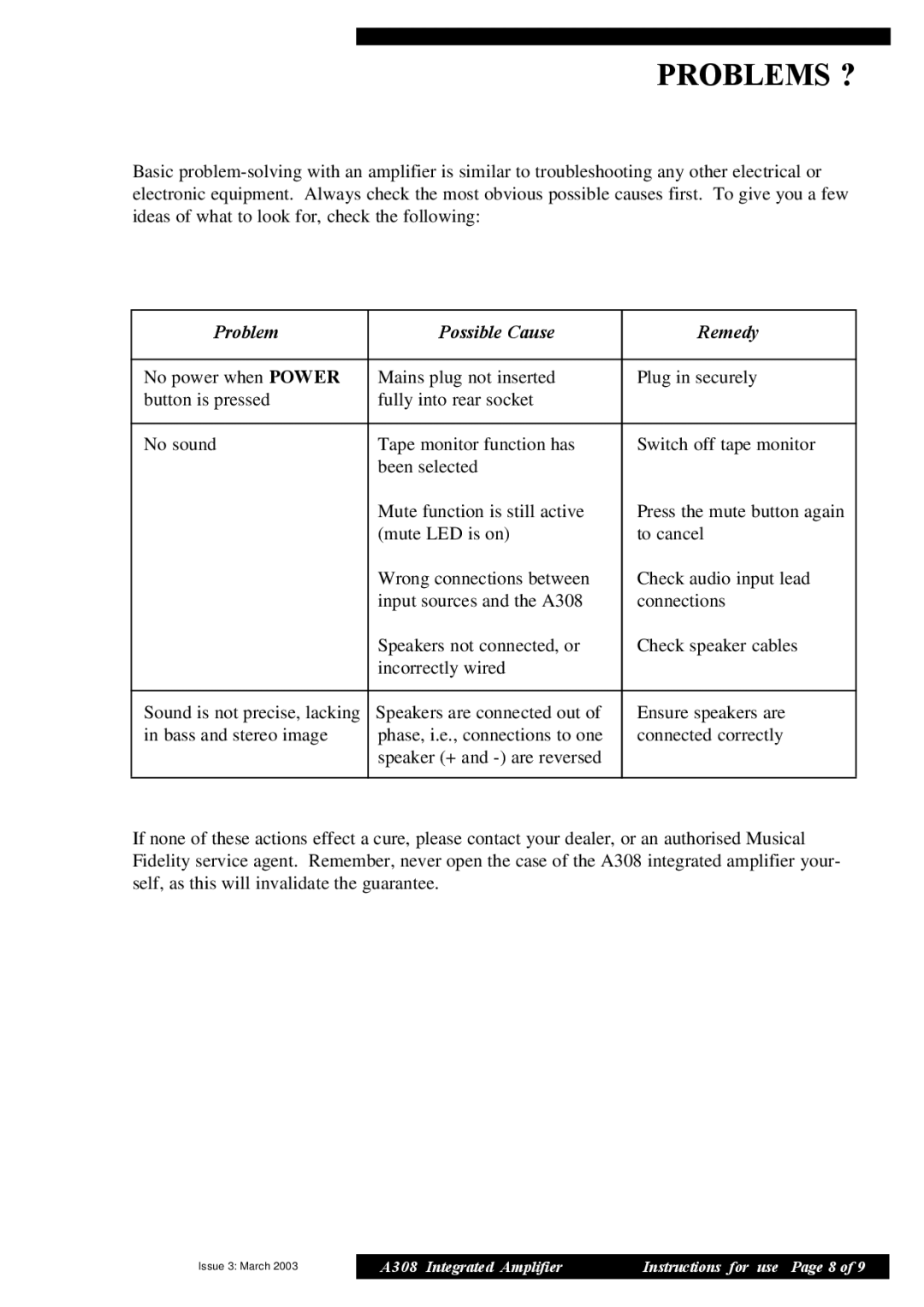 Musical Fidelity A308 manual Problems ?, Problem Possible Cause Remedy 