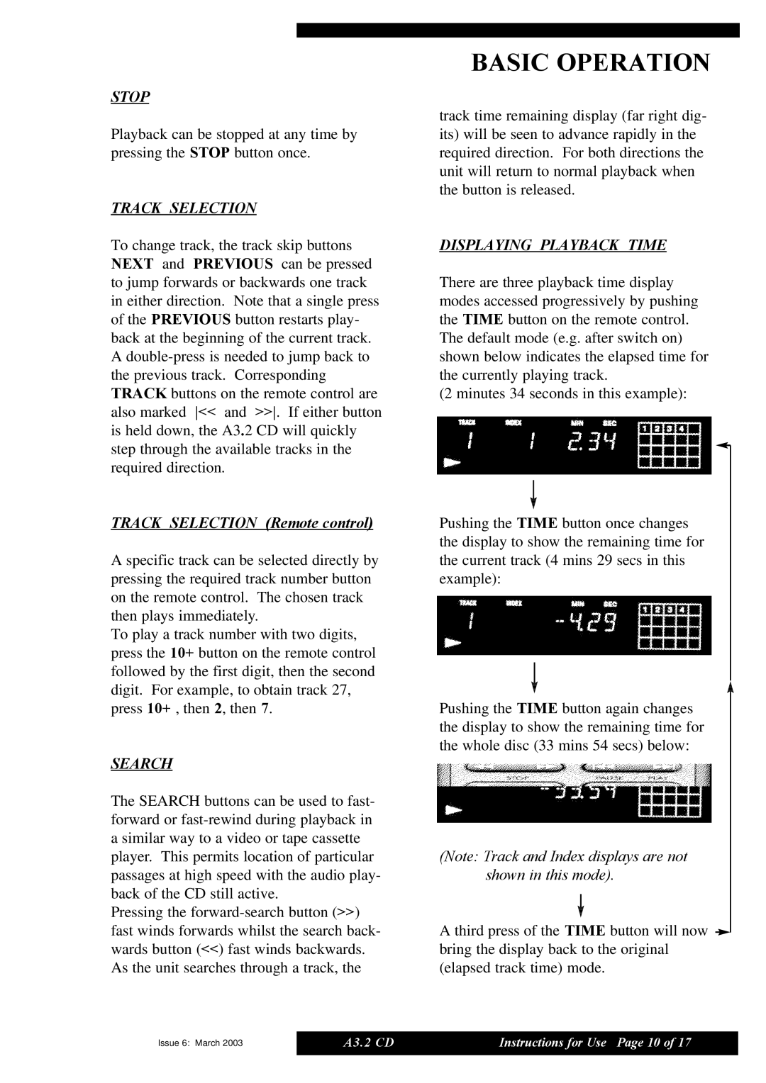 Musical Fidelity A3.2 CD manual Stop, Track Selection Remote control, Search, Displaying Playback Time 