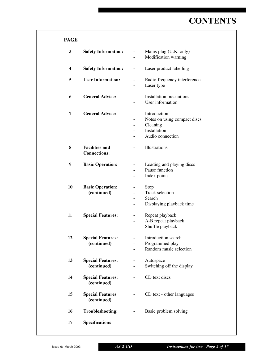 Musical Fidelity A3.2 CD manual Contents 