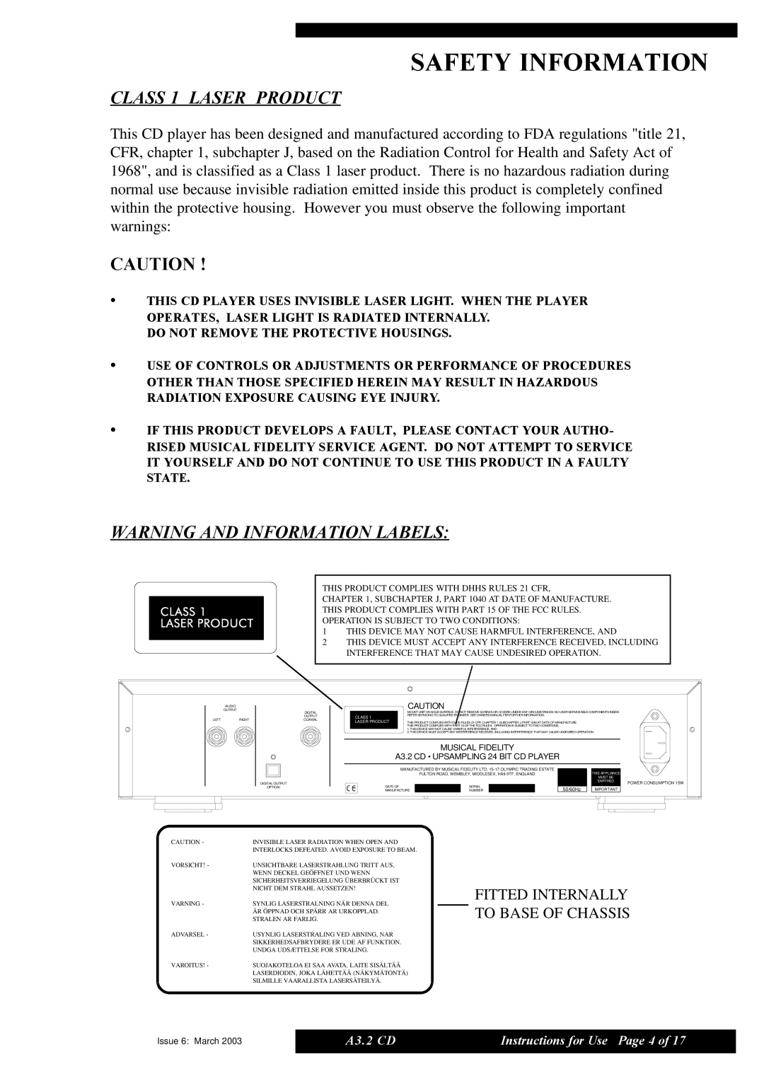 Musical Fidelity A3.2 CD manual Class 1 Laser Product 