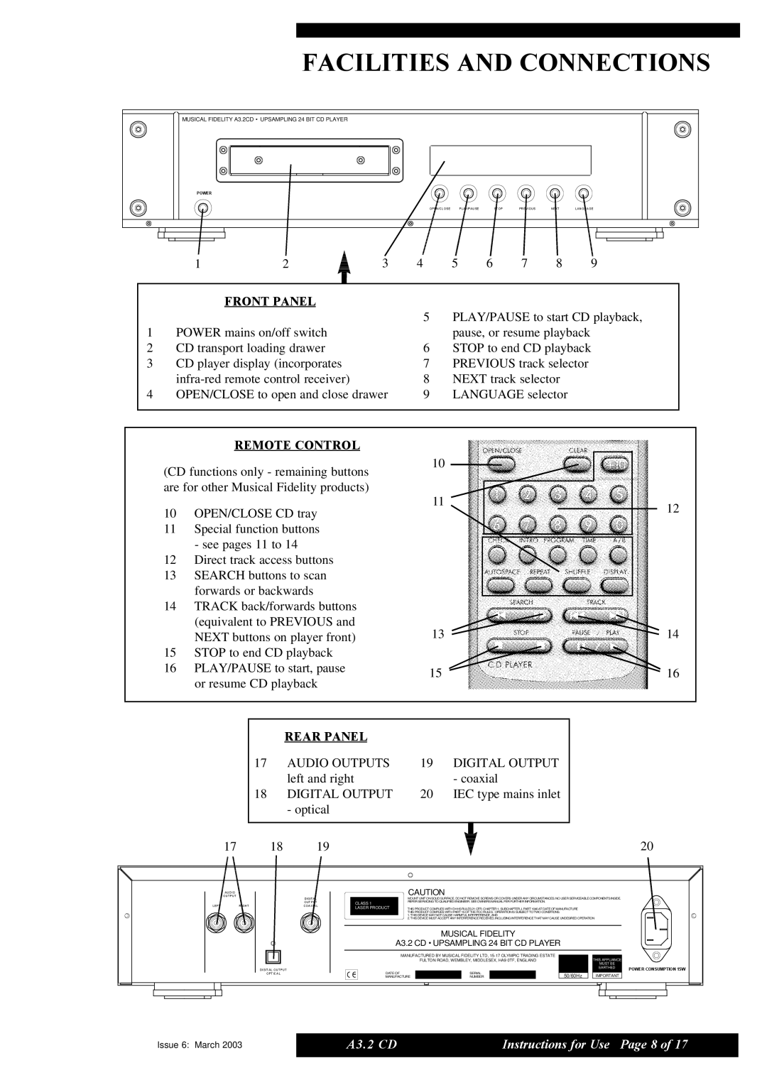 Musical Fidelity A3.2 CD manual Facilities and Connections, Front Panel 