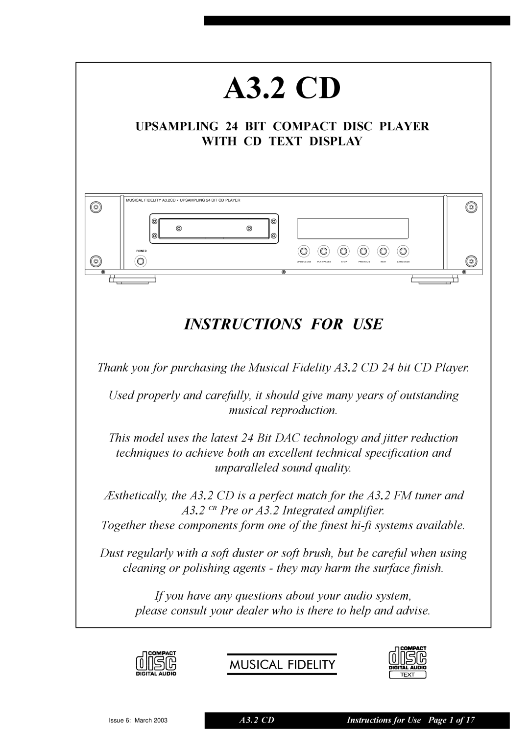 Musical Fidelity A3.2 CD manual Instructions For Use, UPSAMPLING 24 BIT COMPACT DISC PLAYER, With Cd Text Display 