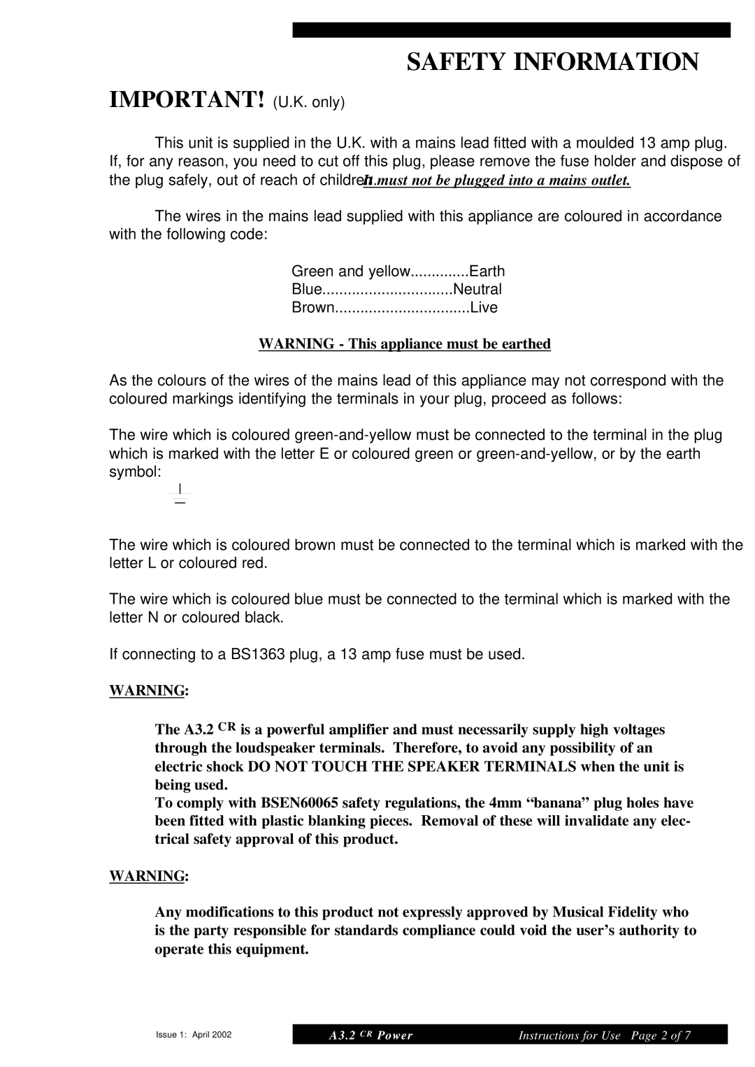 Musical Fidelity A3.2 CR manual Safety Information, IMPORTANT! U.K. only 