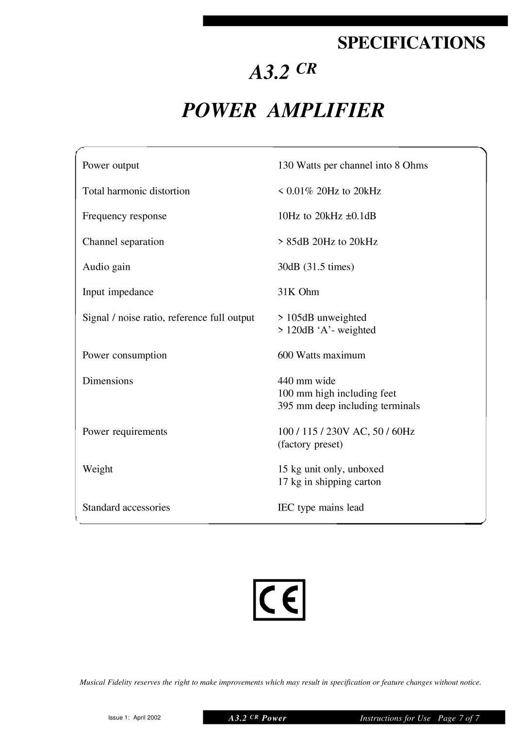 Musical Fidelity manual Specifications, A3.2 CR POWER AMPLIFIER 