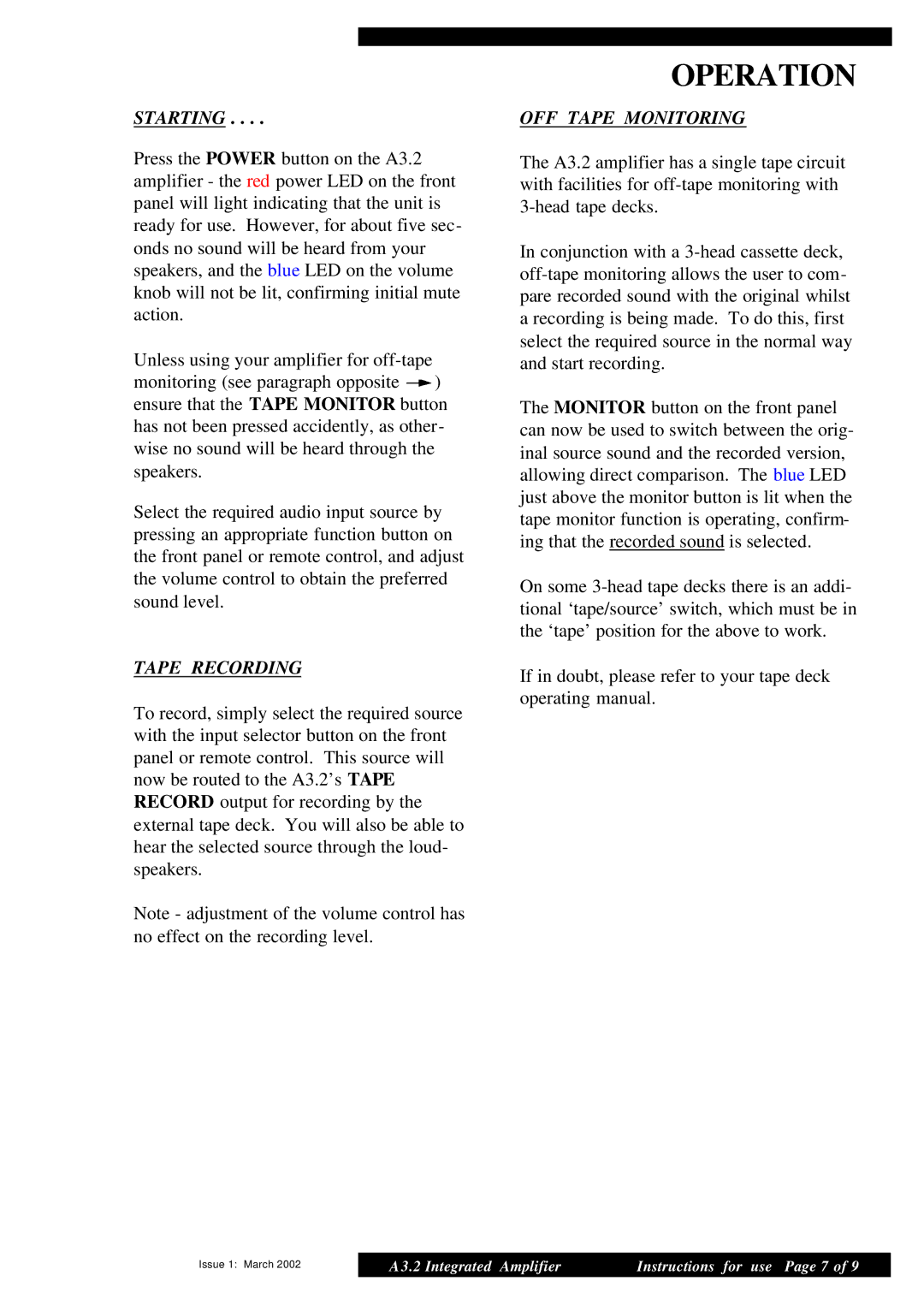 Musical Fidelity A3.2 manual Operation, Starting, Tape Recording, OFF Tape Monitoring 