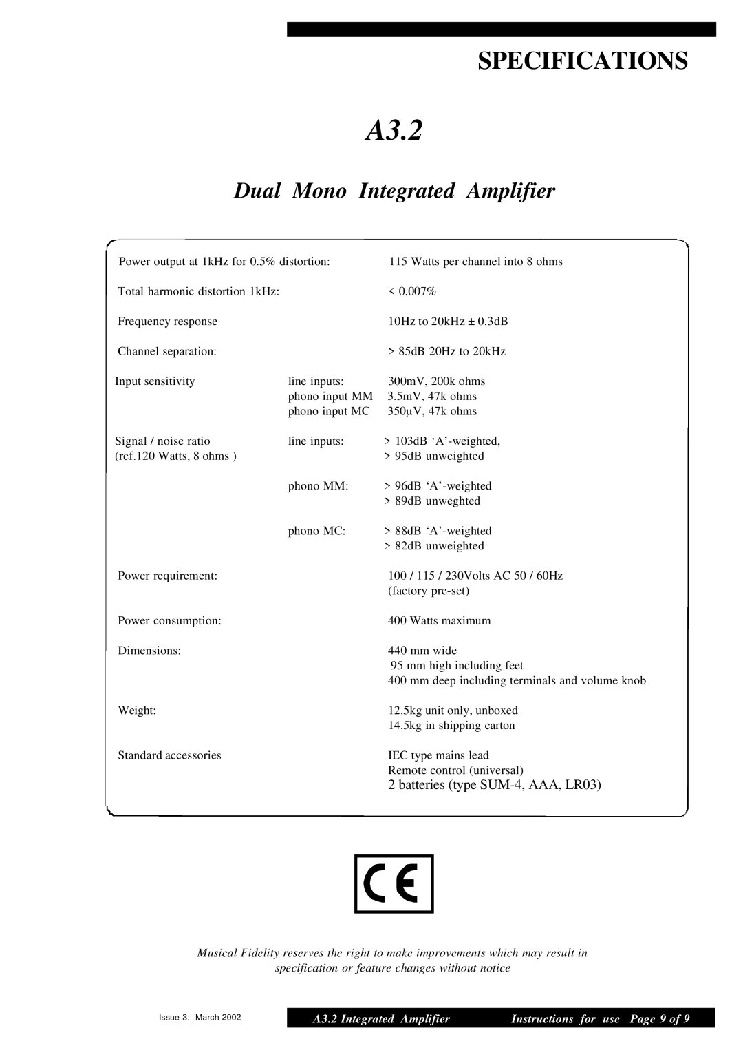 Musical Fidelity A3.2 manual Specifications 