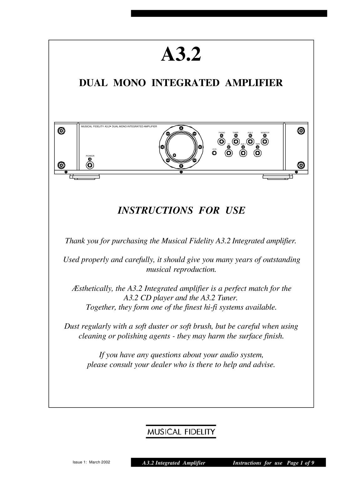 Musical Fidelity A3.2 manual Instructions For Use, Dual Mono Integrated Amplifier 