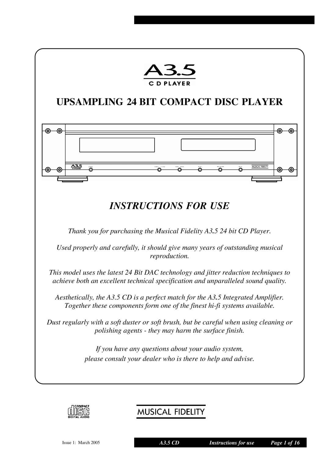 Musical Fidelity A3.5 manual Instructions for USE 