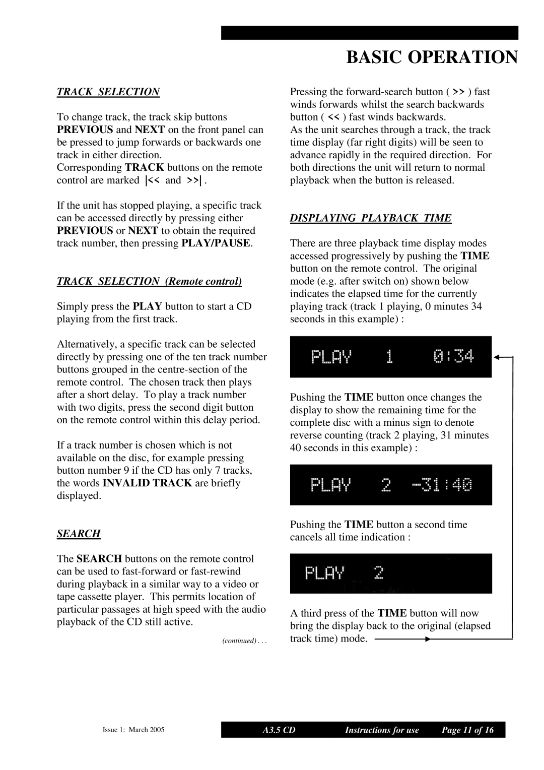 Musical Fidelity A3.5 manual Track Selection, Search, Displaying Playback Time 