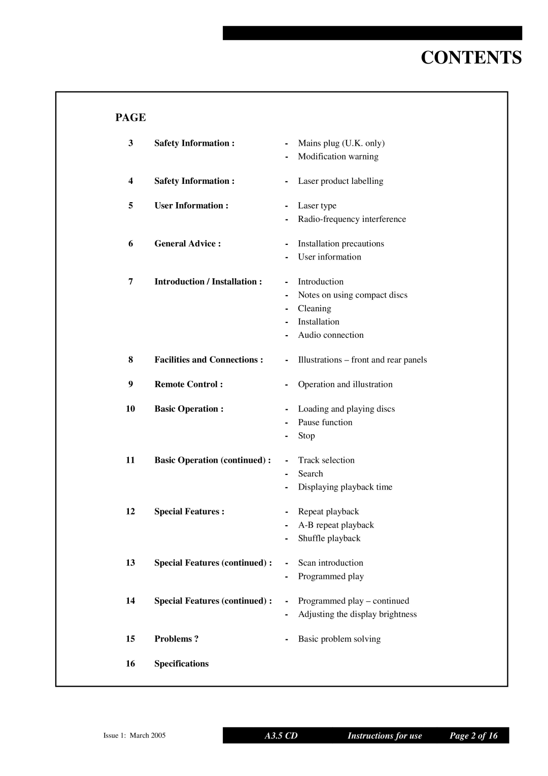 Musical Fidelity A3.5 manual Contents 