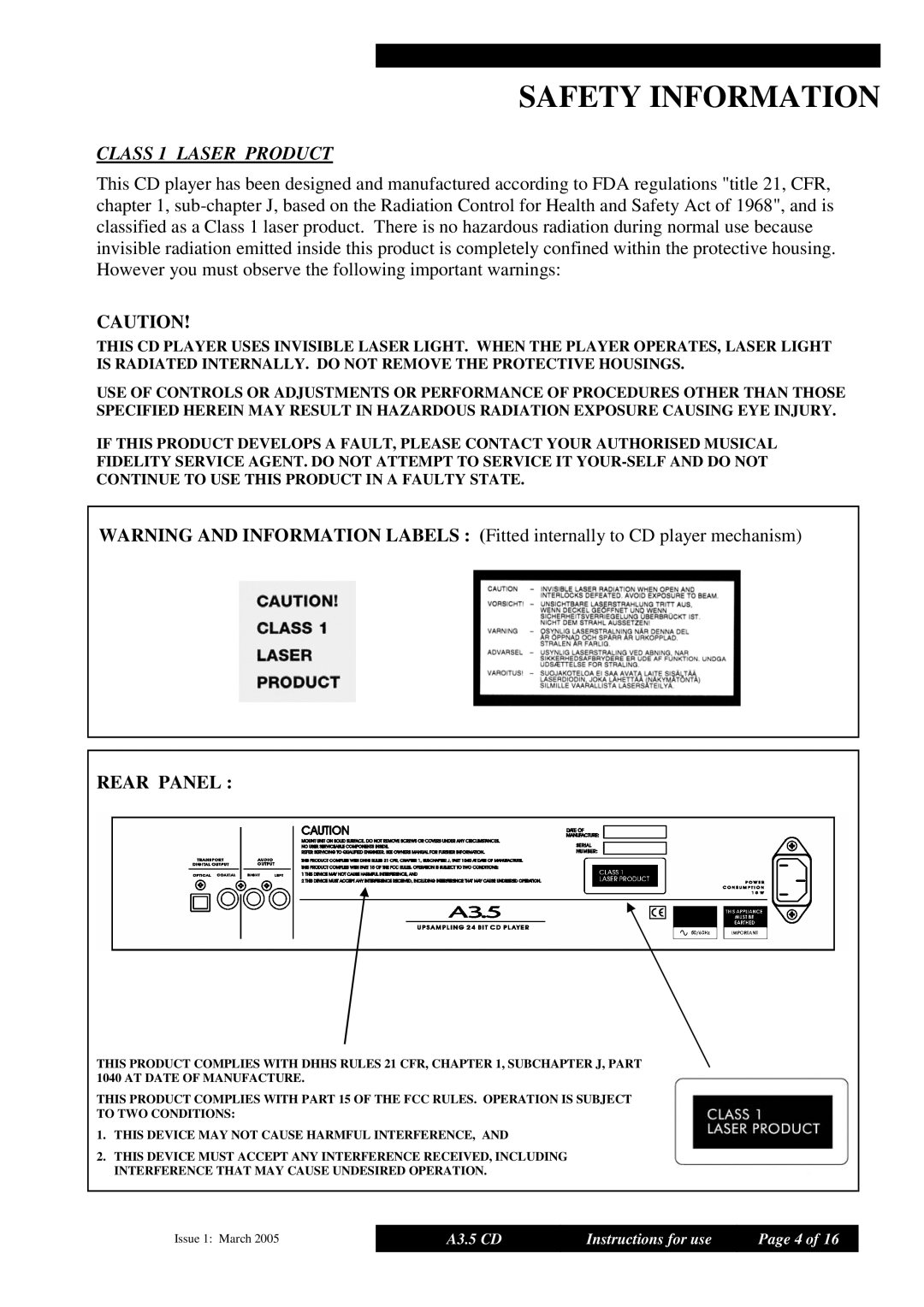 Musical Fidelity A3.5 manual Class 1 Laser Product, Rear Panel 