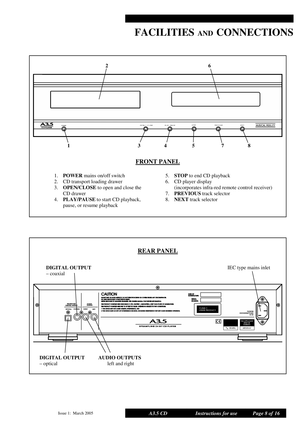 Musical Fidelity A3.5 manual Facilities and Connections, Front Panel 