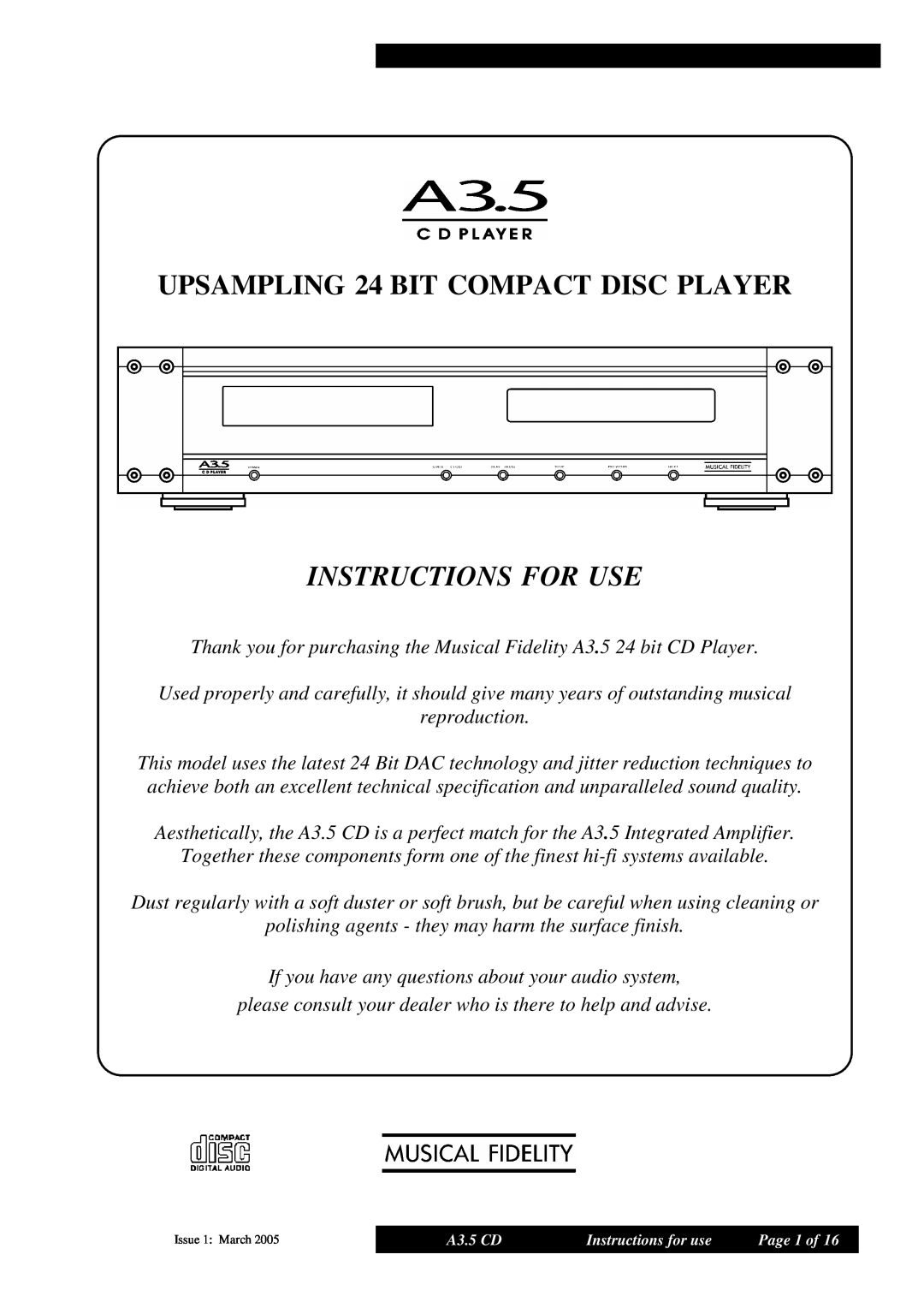 Musical Fidelity A3.5 manual Instructions For Use, UPSAMPLING 24 BIT COMPACT DISC PLAYER 