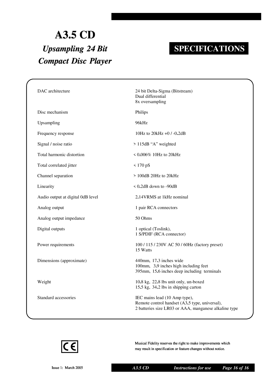 Musical Fidelity Upsampling 24 Bit, Compact Disc Player, A3.5 CD, Specifications, Instructions for use, Page 16 of 