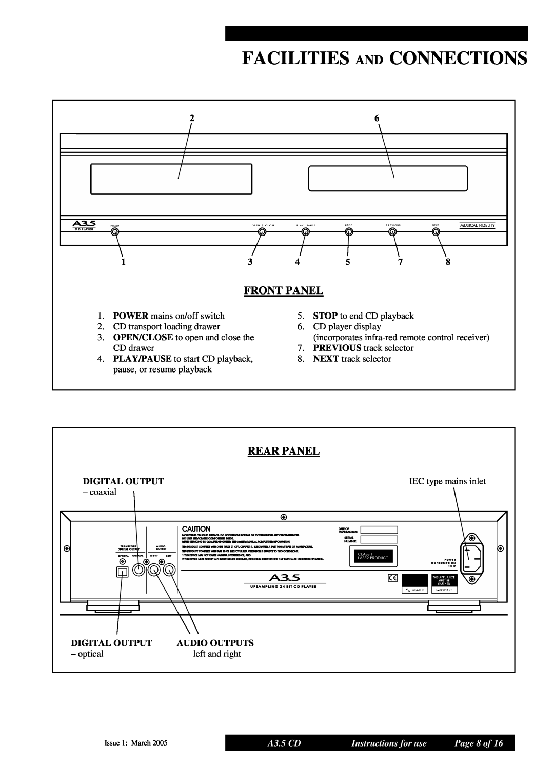 Musical Fidelity manual Facilities And Connections, Front Panel, Rear Panel, A3.5 CD, Instructions for use, Page 8 of 