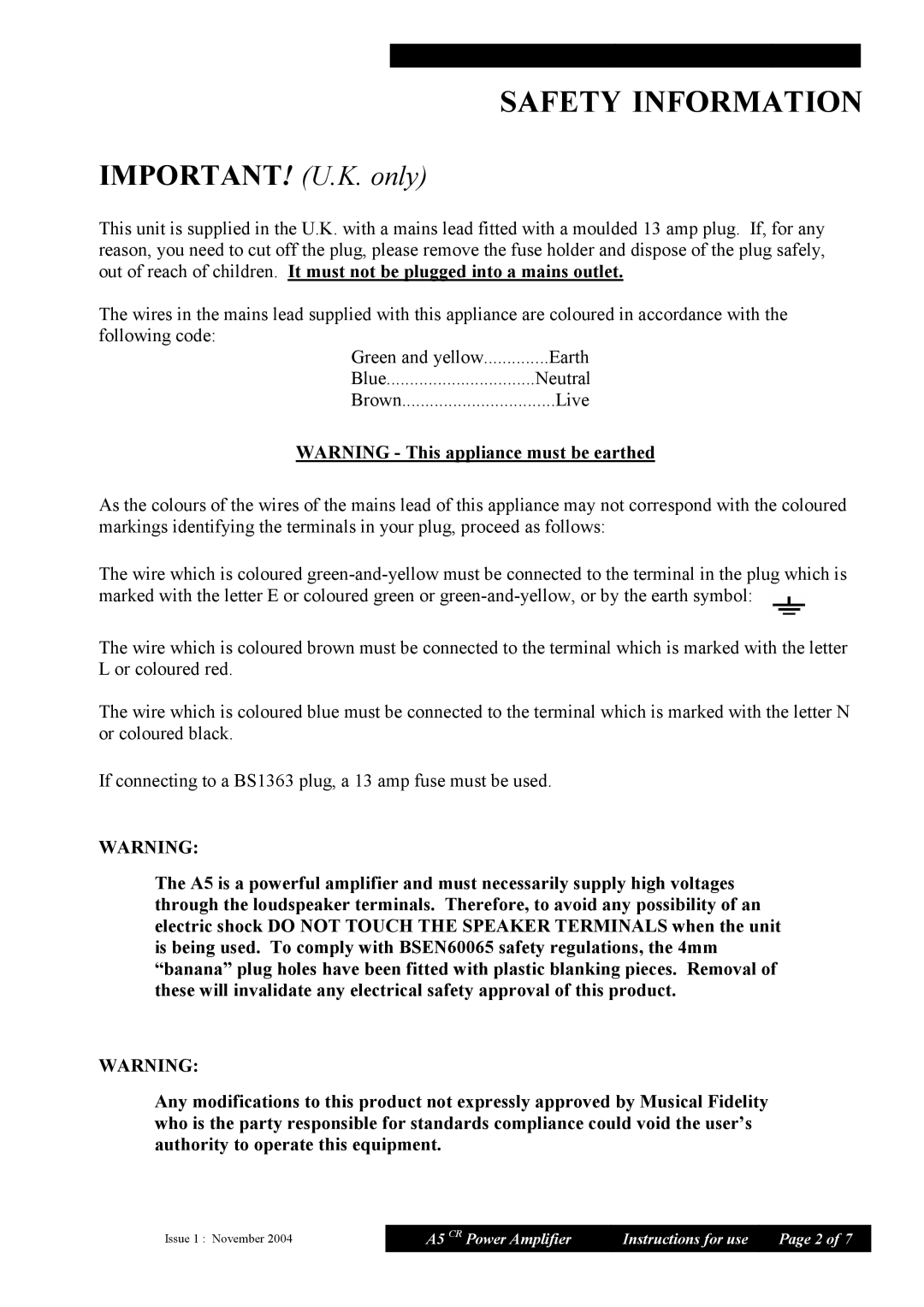 Musical Fidelity A5 CR manual Safety Information, IMPORTANT! U.K. only 