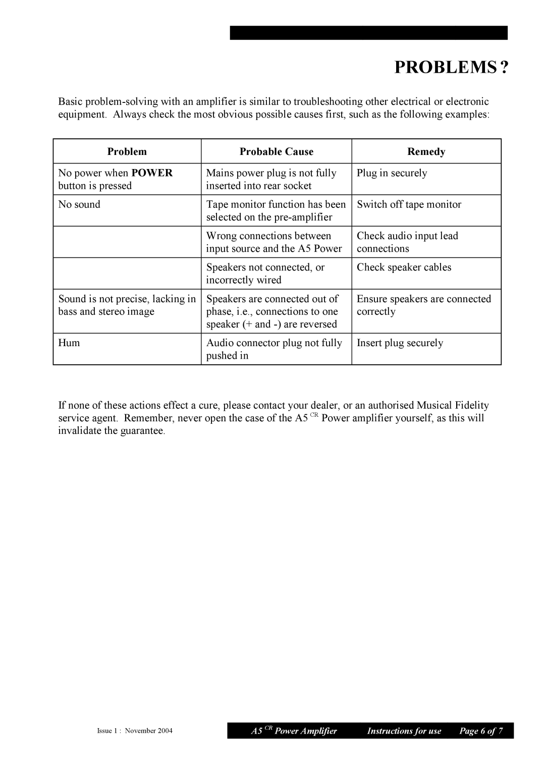 Musical Fidelity A5 CR manual Problems ?, Problem Probable Cause Remedy 