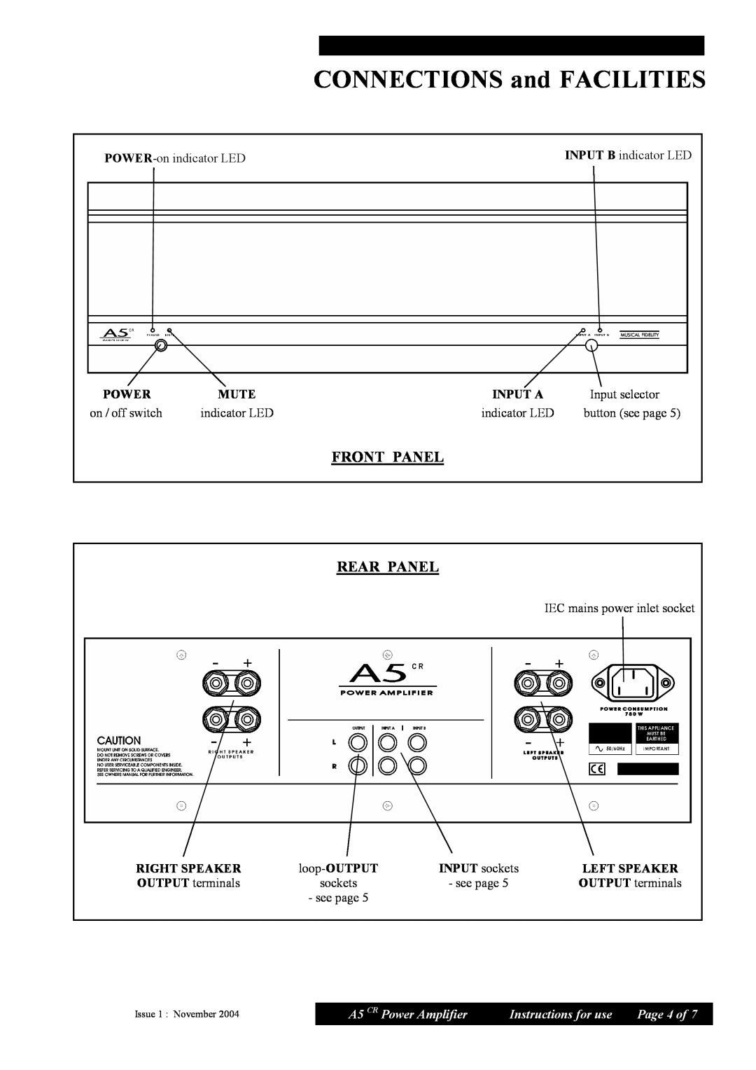 Musical Fidelity manual CONNECTIONS and FACILITIES, Front Panel Rear Panel, A5 CR Power Amplifier, Instructions for use 