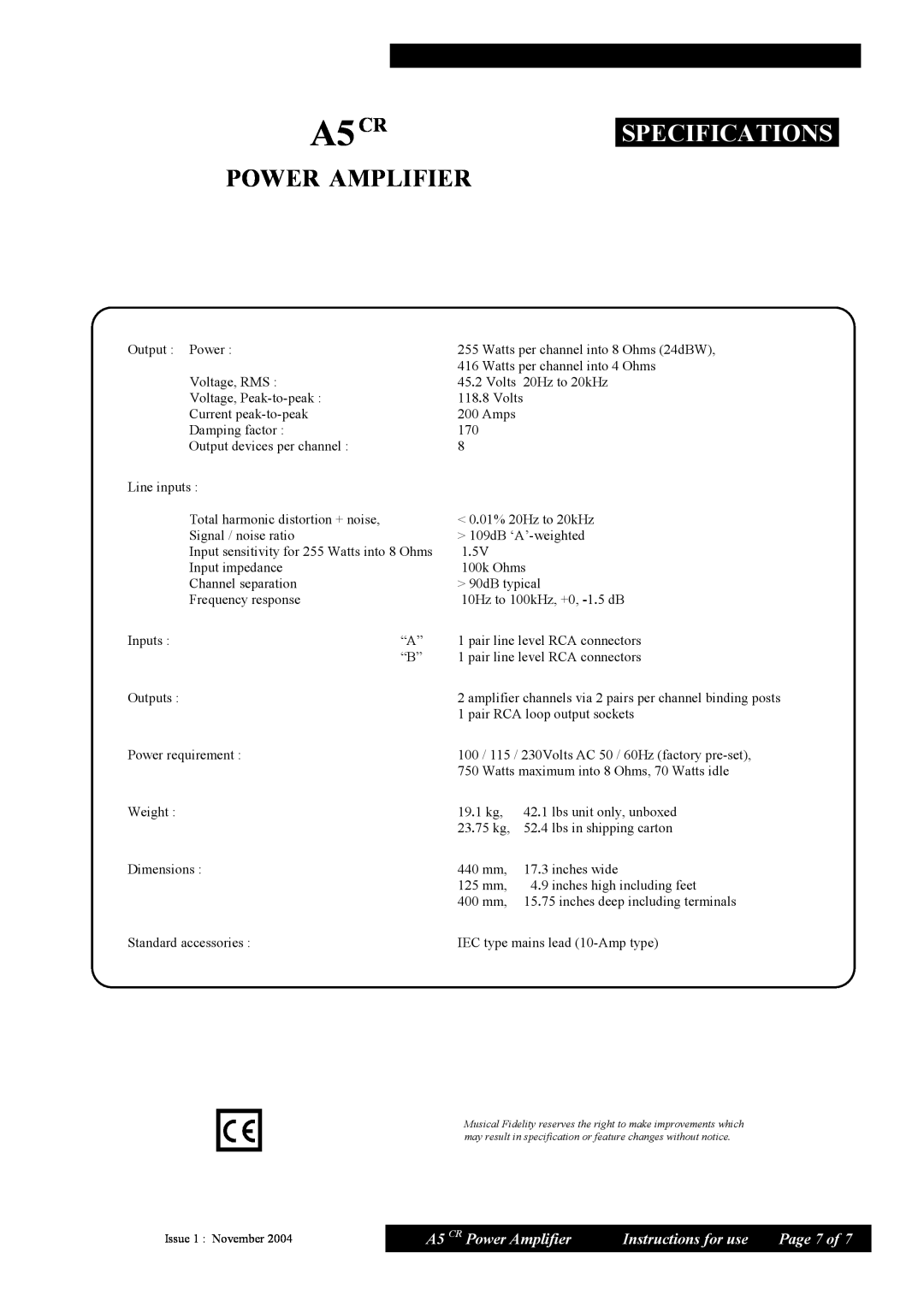 Musical Fidelity manual A5CR.SPECIFICATIONS. POWER AMPLIFIER, A5 CR Power Amplifier, Instructions for use, Page 7 of 