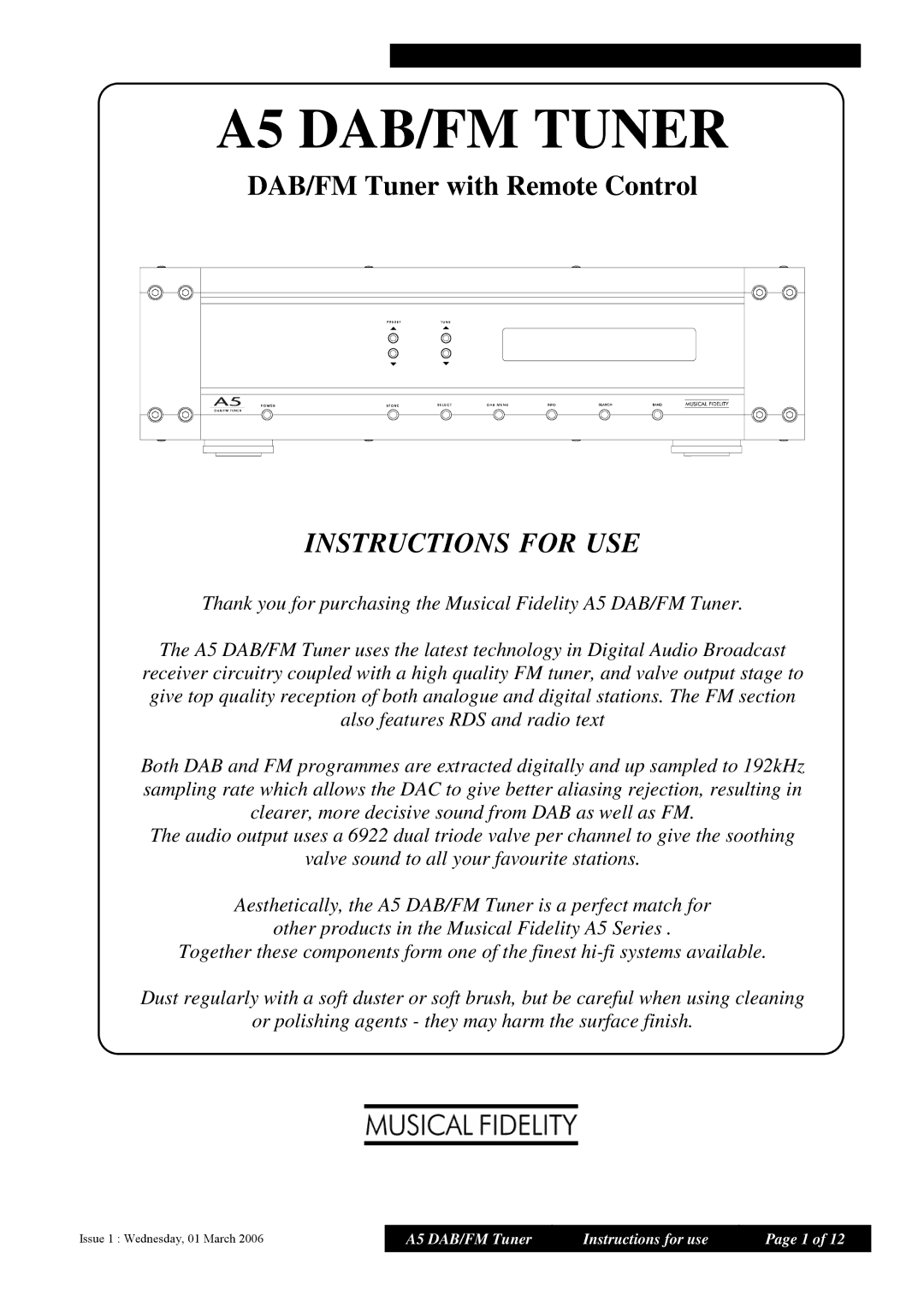 Musical Fidelity manual A5 DAB/FM Tuner 