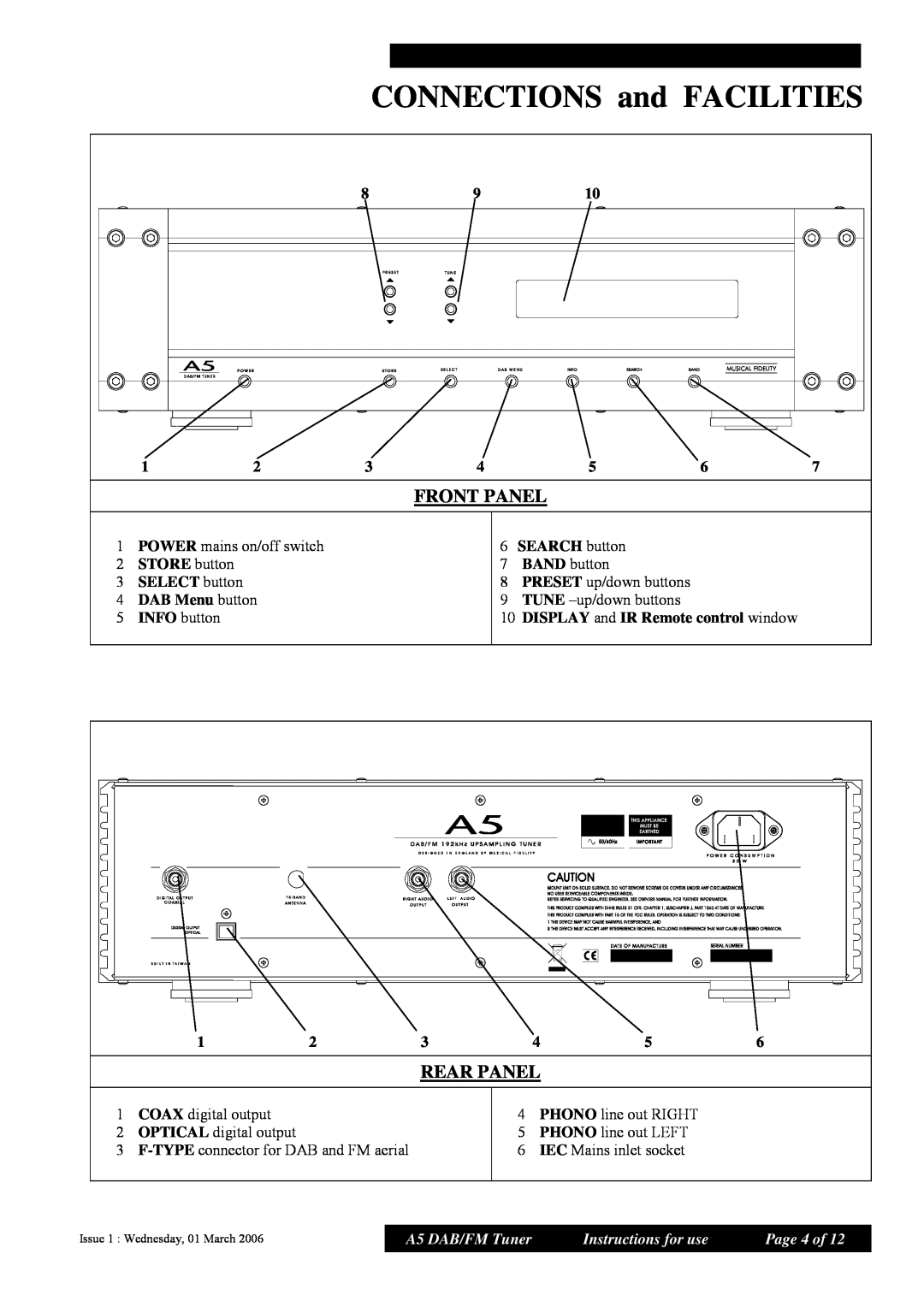 Musical Fidelity CONNECTIONS and FACILITIES, Front Panel, Rear Panel, A5 DAB/FM Tuner, Instructions for use, Page 4 of 