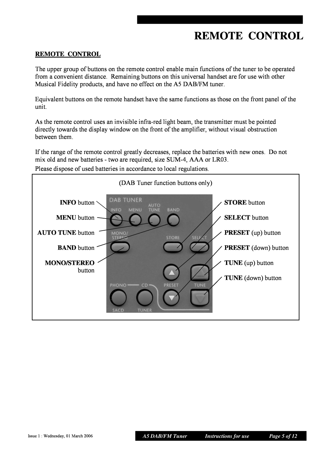 Musical Fidelity A5 manual Remote Control, STORE button, SELECT button, AUTO TUNE button, Mono/Stereo 