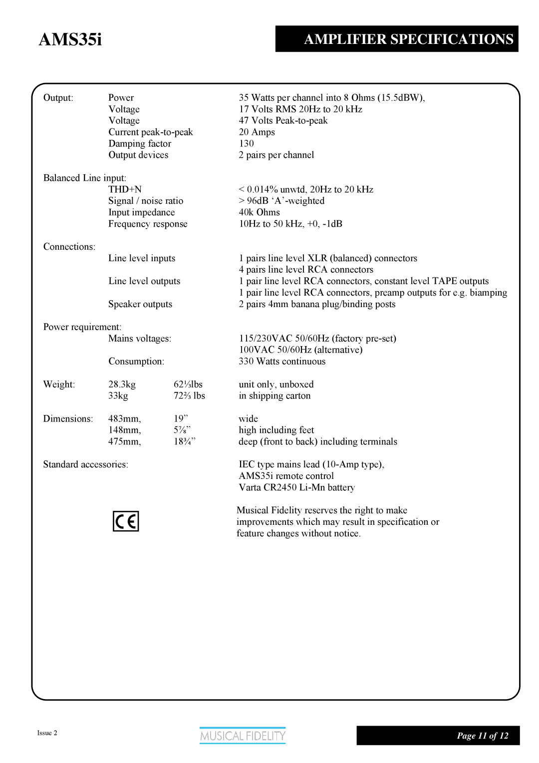 Musical Fidelity AMS35I manual Amplifier Specifications 