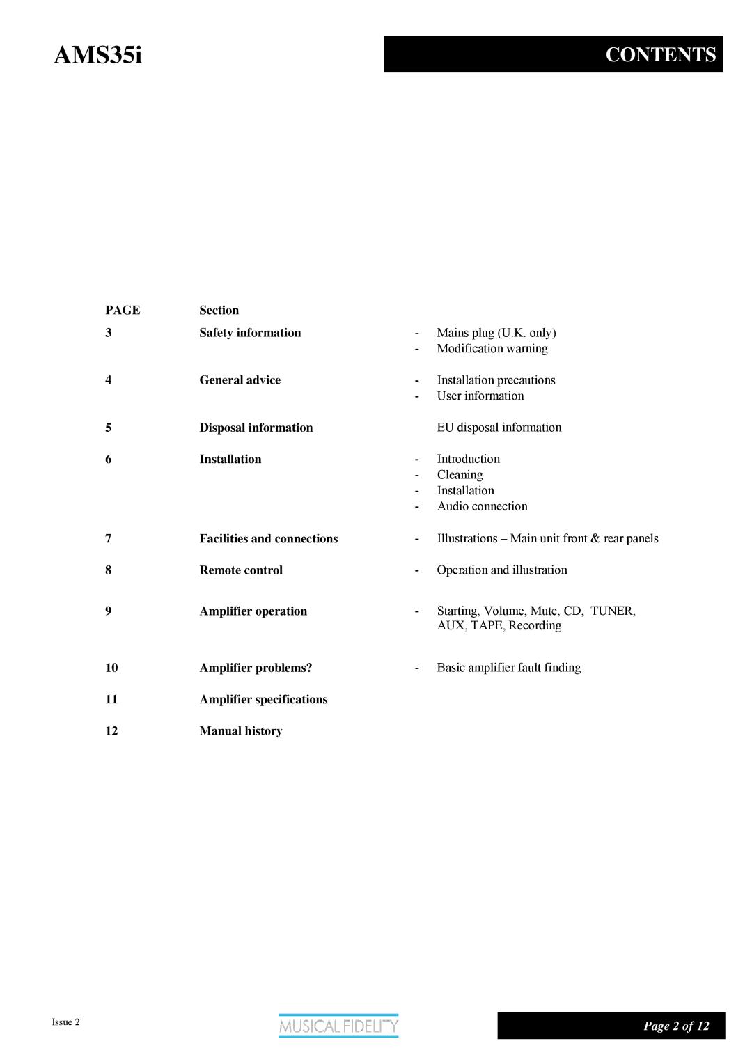 Musical Fidelity AMS35I manual AMS35i, Contents 