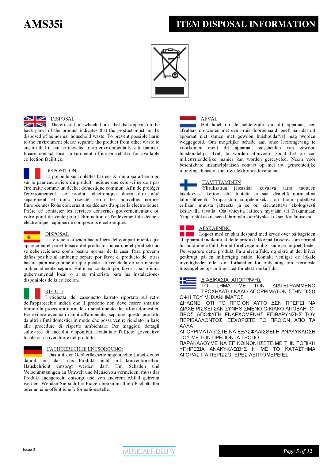 Musical Fidelity AMS35I manual Item Disposal Information 