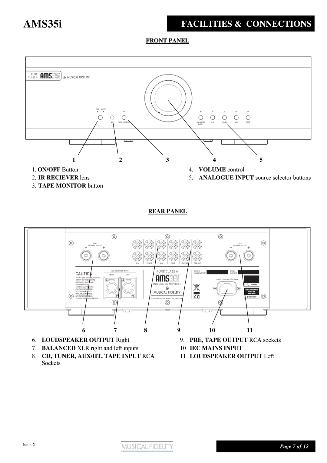 Musical Fidelity AMS35I manual Facilities & Connections, Front Panel 