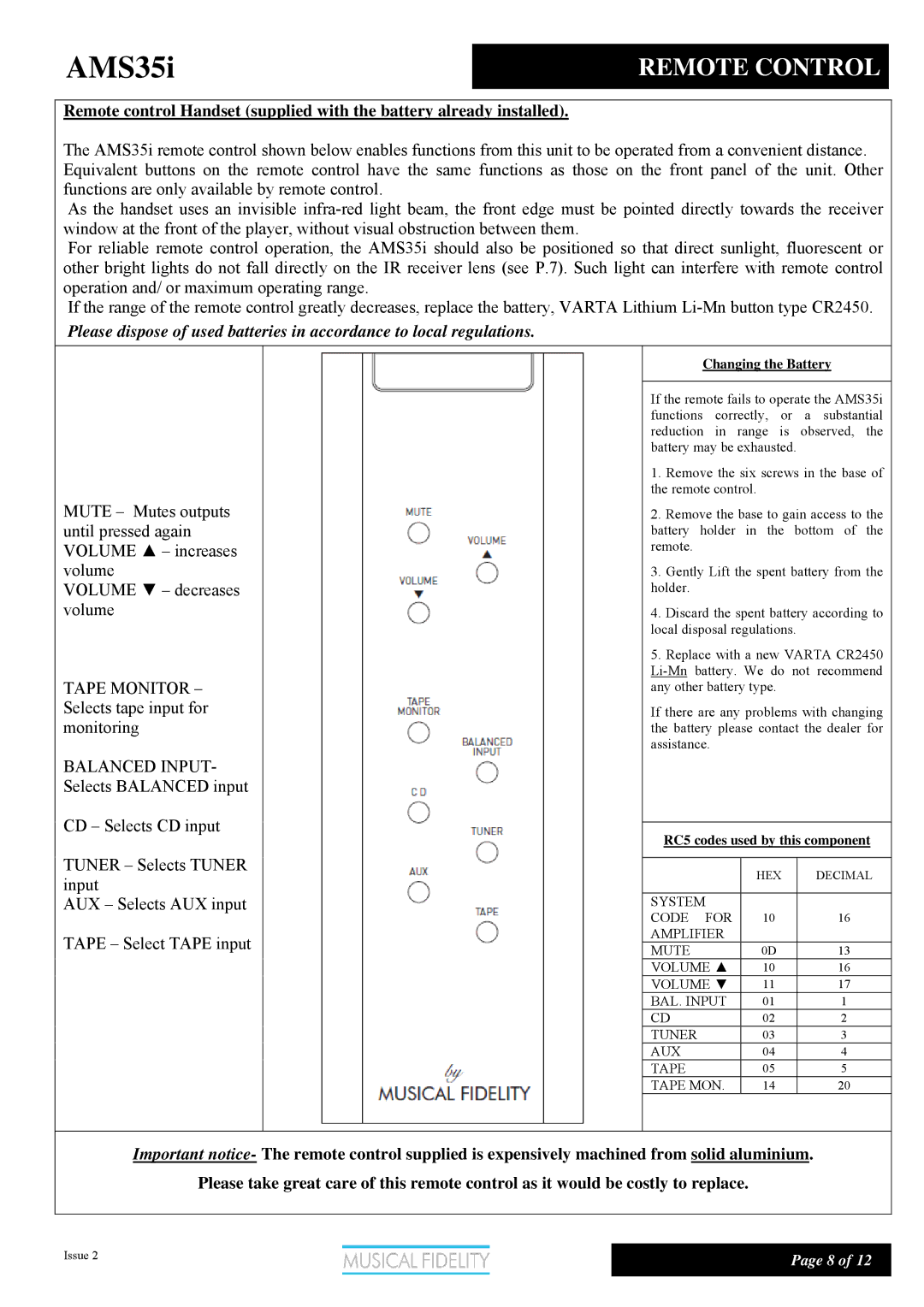 Musical Fidelity AMS35I manual Remote Control, Changing the Battery 