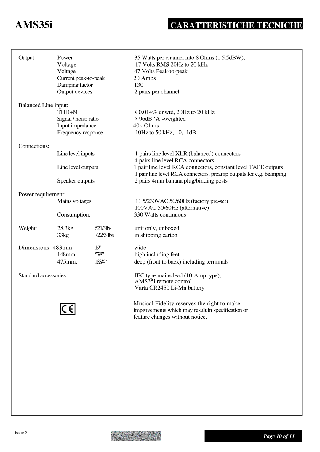 Musical Fidelity AMS35I manual Caratteristiche Tecniche 