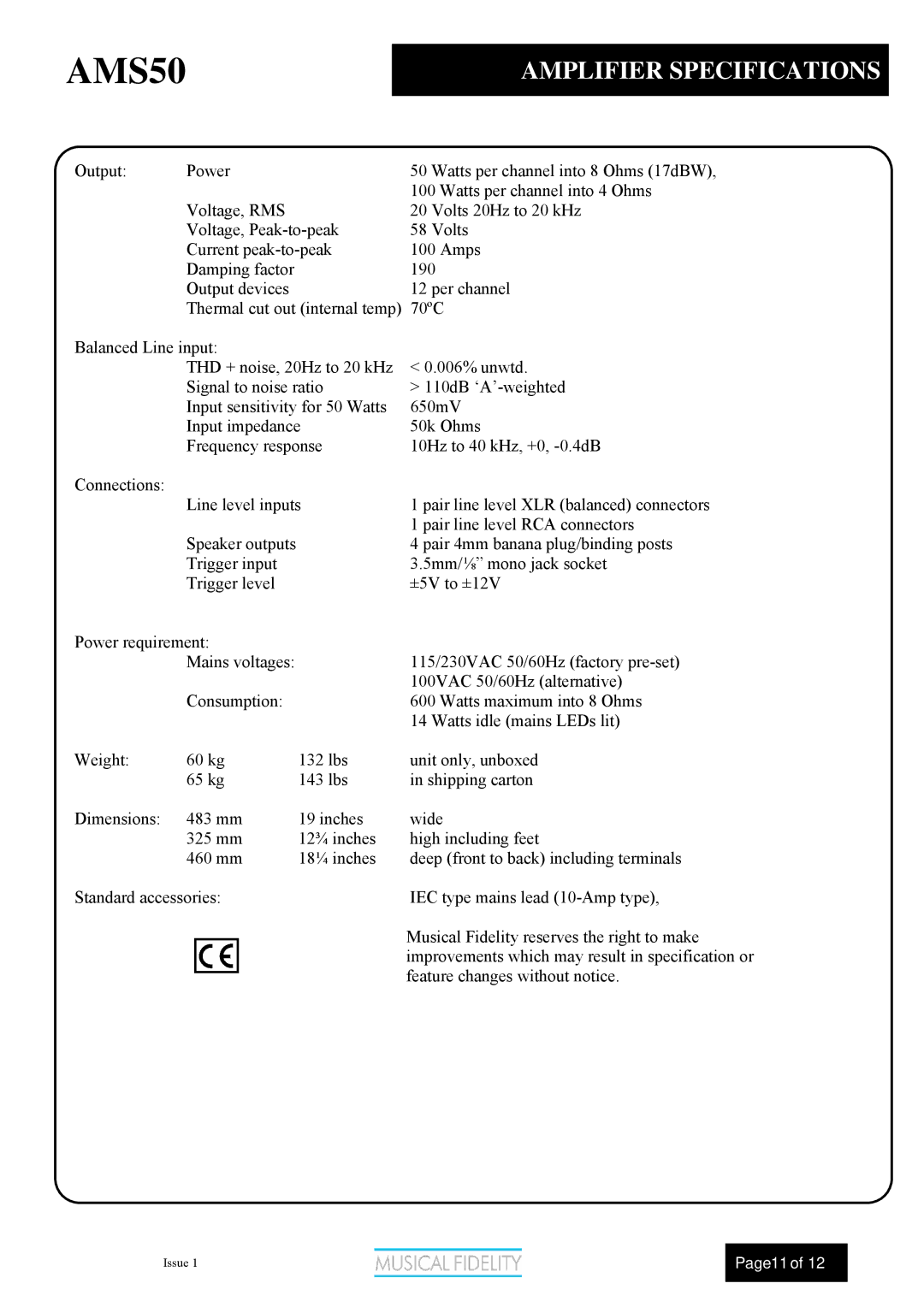 Musical Fidelity AMS50 manual 