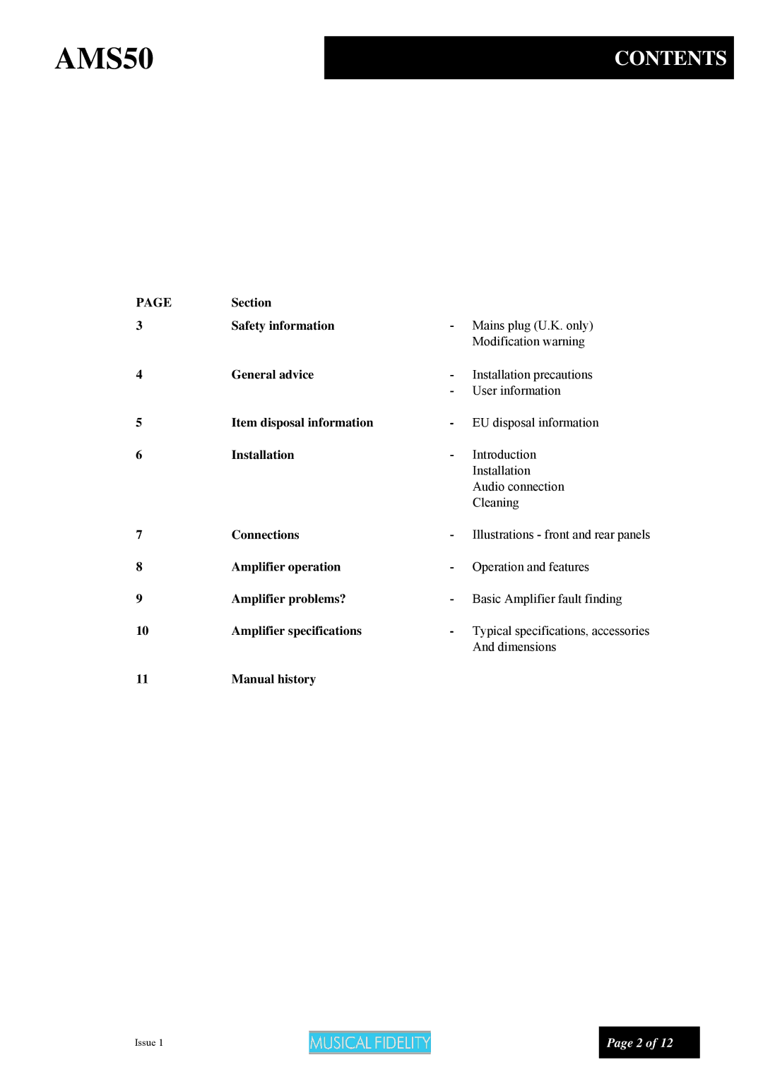 Musical Fidelity AMS50 manual Contents 